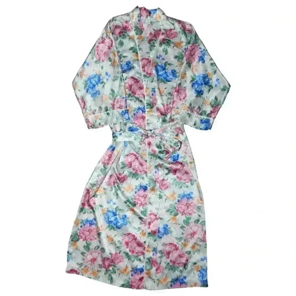 Eve Stillman Vintage Satin Robe Full Length White Pink Blue Floral Women's Small - Picture 1 of 9